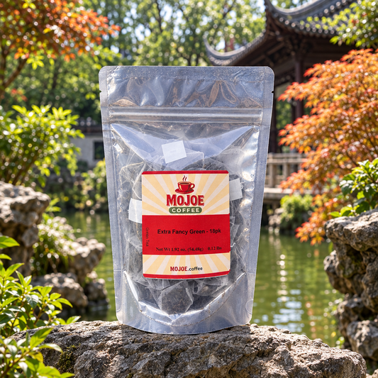 Extra Fancy Green tea pouch before a Chinese garden pond and pavilion