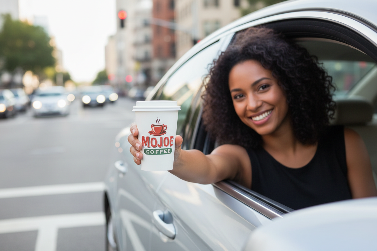 Model with MoJoe Coffee cup - improved composition
