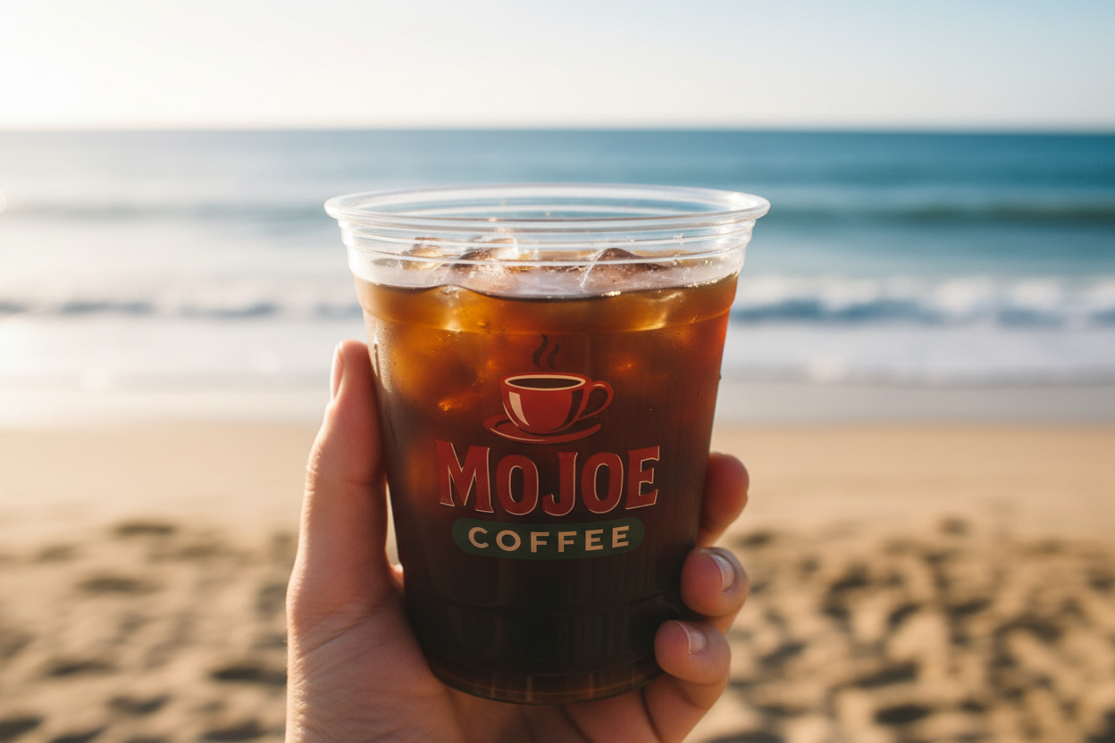 Person holding MoJoe Coffee cup on beach with logo