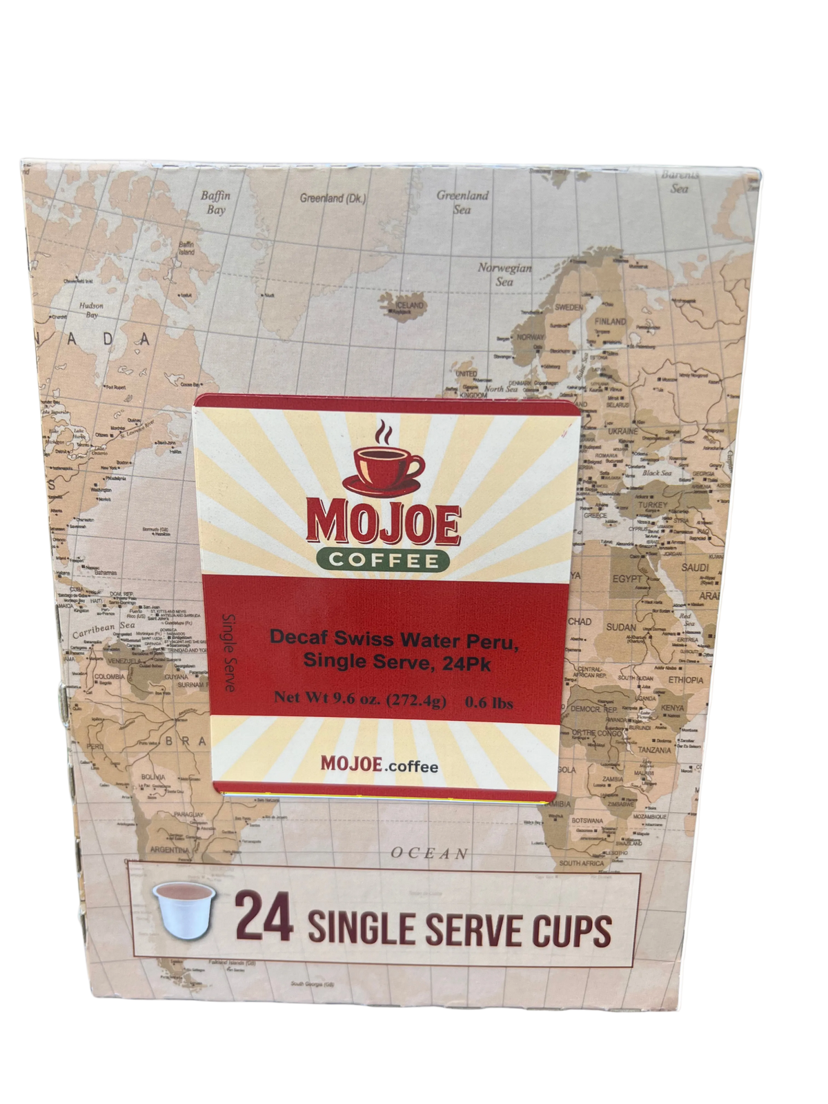 A box of Mojoe Coffee Decaf Swiss Water Peru, Single Serve, 24-pack. The packaging features a vintage-style world map background with a central label showing a coffee cup icon and the brand name 'Mojoe Coffee' in red and white.