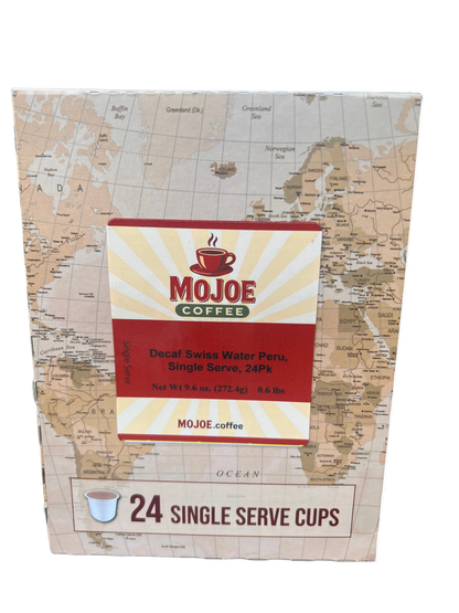 A box of Mojoe Coffee Decaf Swiss Water Peru, Single Serve, 24-pack. The packaging features a vintage-style world map background with a central label showing a coffee cup icon and the brand name 'Mojoe Coffee' in red and white.