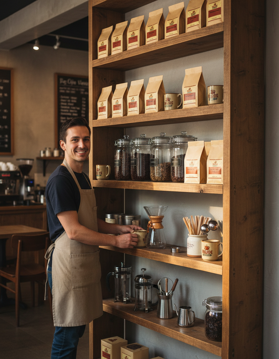 Coffee shop scene with barista and MoJoe products