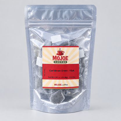 Caribbean Green tea pouch on a light-gray studio background