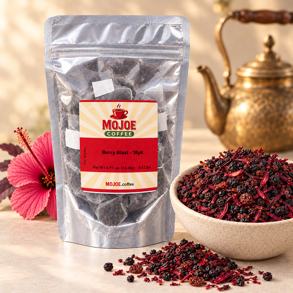 Berry Blast tea pouch beside hibiscus and dried berry blend with a brass kettle behind