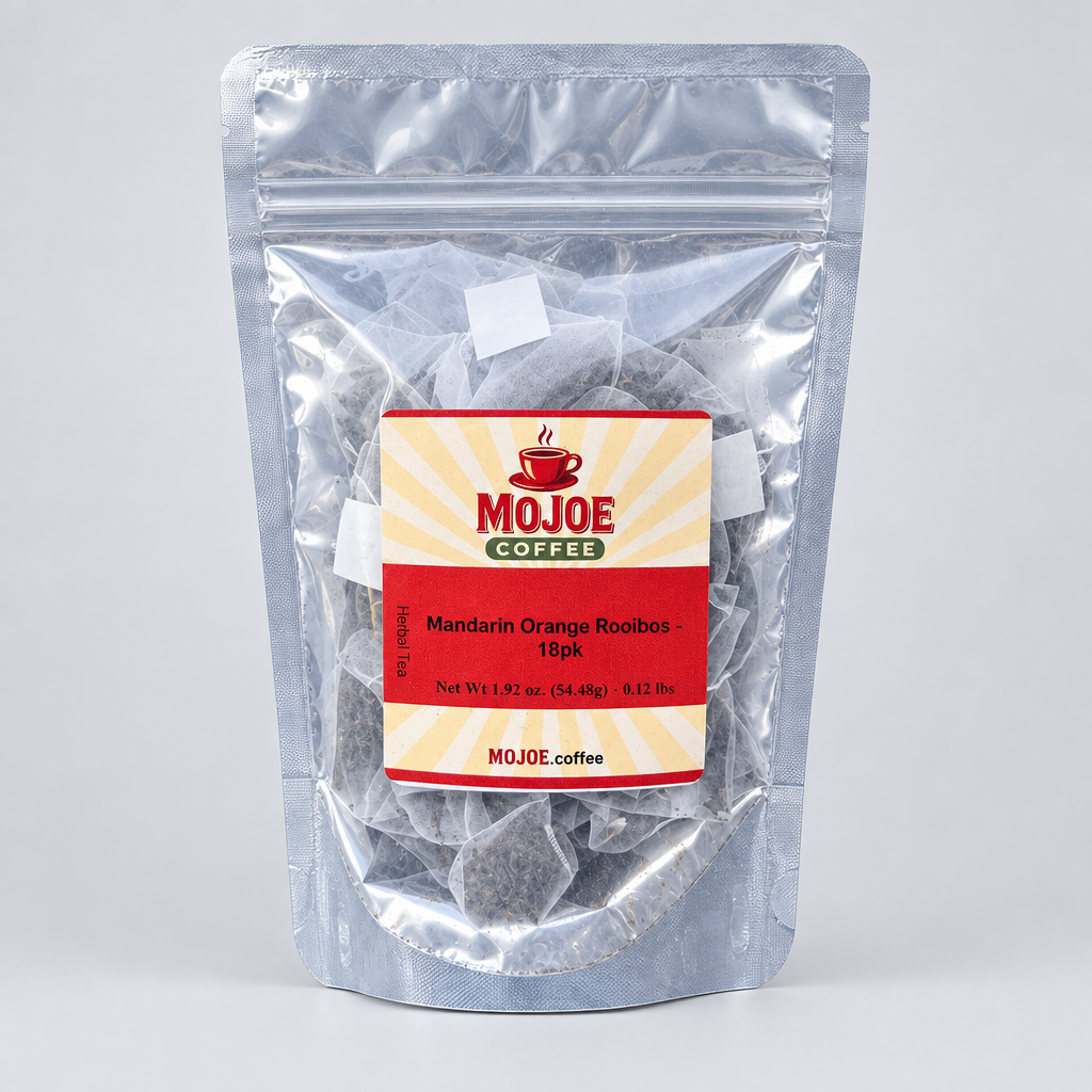 Mandarin Orange Rooibos tea pouch on a light-gray studio background