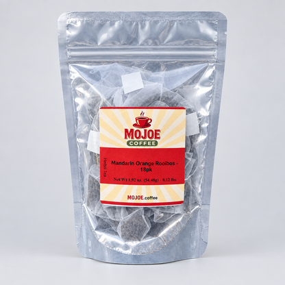 Mandarin Orange Rooibos tea pouch on a light-gray studio background