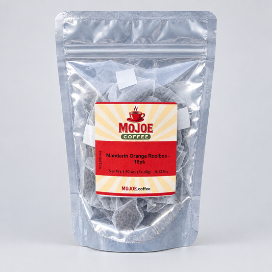 Mandarin Orange Rooibos tea pouch on a light-gray studio background