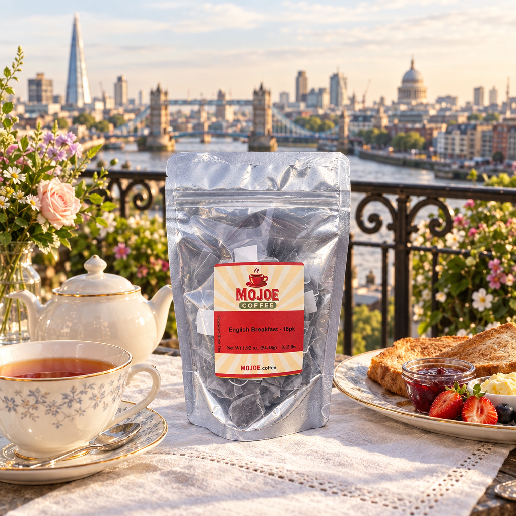 English Breakfast tea pouch on outdoor breakfast table overlooking the London skyline