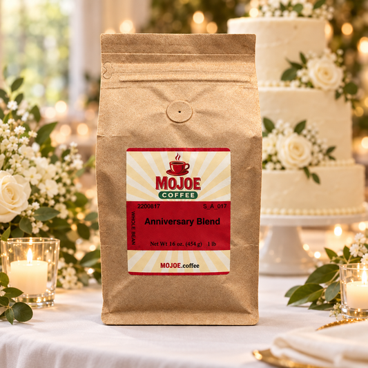 Anniversary Blend coffee bag on a wedding reception table in front of a wedding cake
