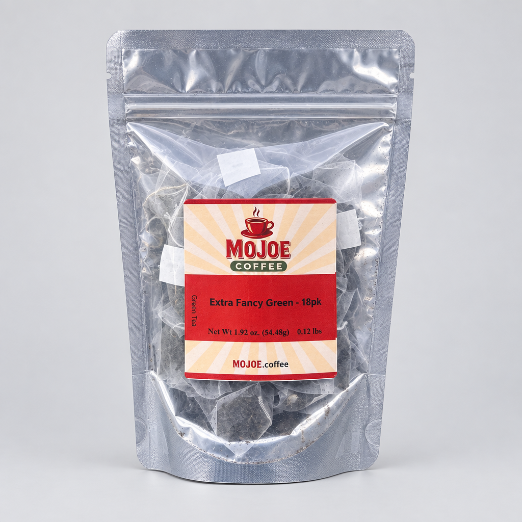 Extra Fancy Green tea pouch on a light-gray studio background