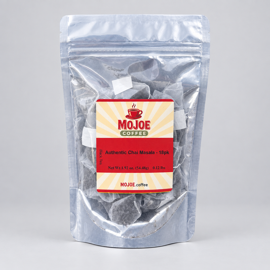 Authentic Chai Masala tea pouch on a light-gray studio background