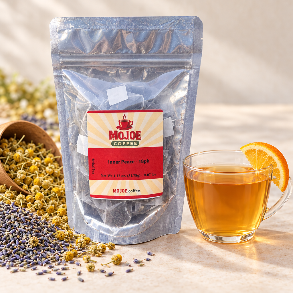 Inner Peace tea pouch with chamomile, lavender, and a glass cup of tea with orange slice