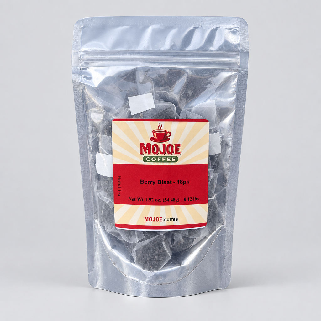 Berry Blast tea pouch on a light-gray studio background