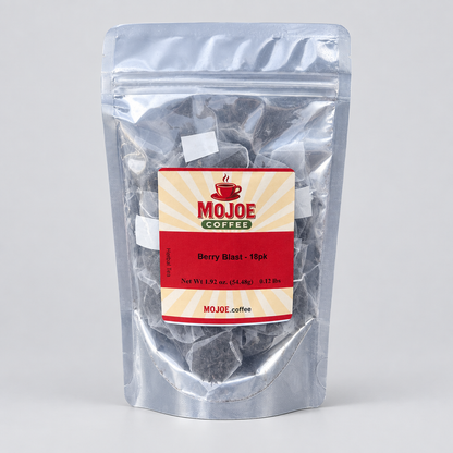 Berry Blast tea pouch on a light-gray studio background