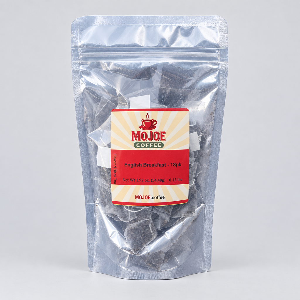 English Breakfast tea pouch on a light-gray studio background