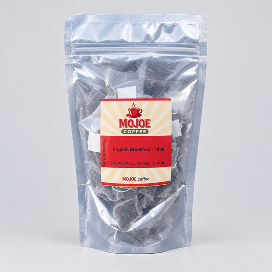English Breakfast tea pouch on a light-gray studio background