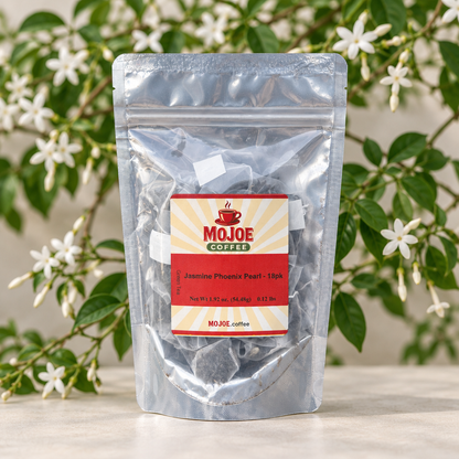 Jasmine Phoenix Pearl tea pouch in front of white star-shaped jasmine flowers