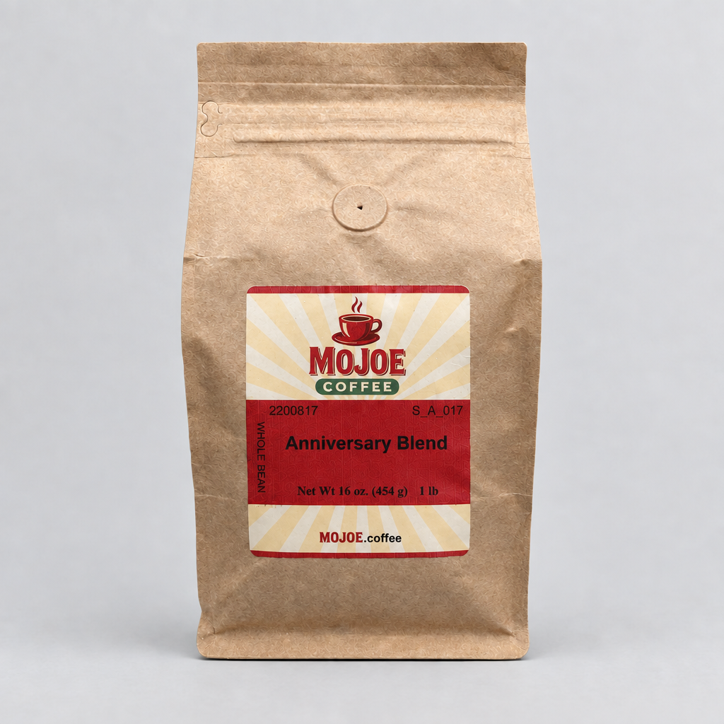 Anniversary Blend MoJoe Coffee one-pound bag on a light-gray background