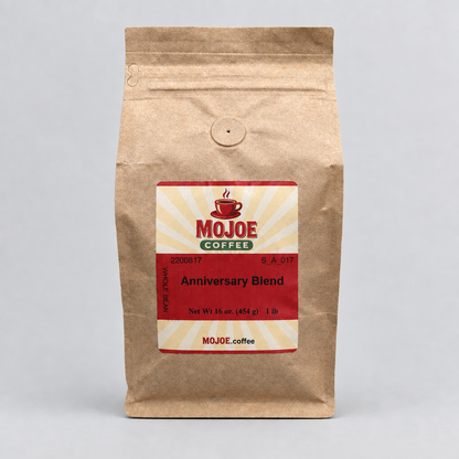 Anniversary Blend MoJoe Coffee one-pound bag on a light-gray background