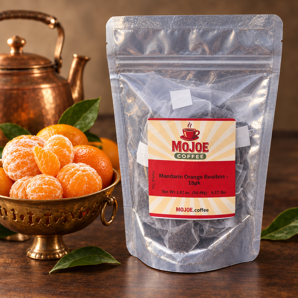 Mandarin Orange Rooibos tea beside mandarins in a copper bowl and a copper kettle