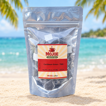 Caribbean Green tea pouch in front of a softly blurred tropical beach