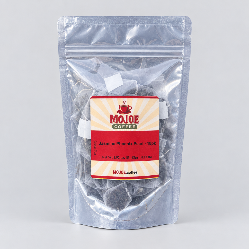Jasmine Phoenix Pearl tea pouch on a light-gray studio background