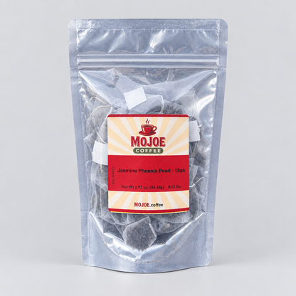 Jasmine Phoenix Pearl tea pouch on a light-gray studio background