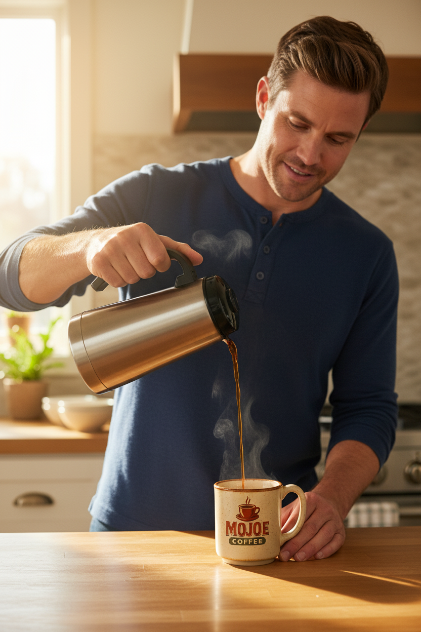 Man pouring coffee from stainless steel carafe close to cup