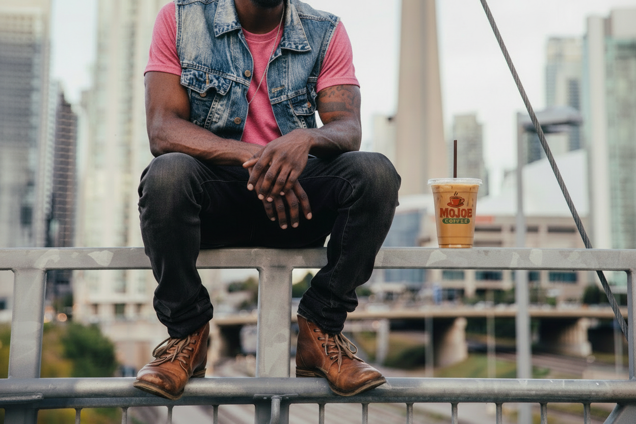 Man sitting with MoJoe Coffee branded cup