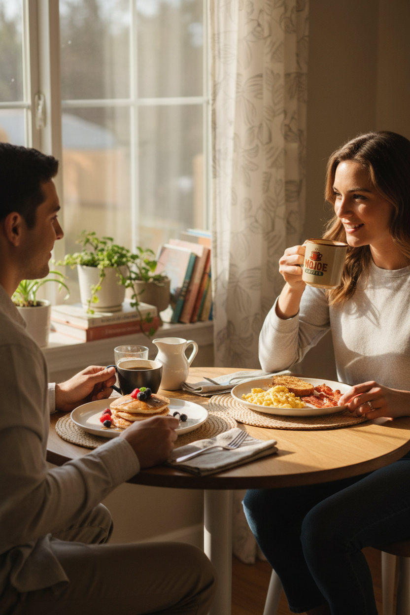 Two people at breakfast table with MoJoe Coffee mug